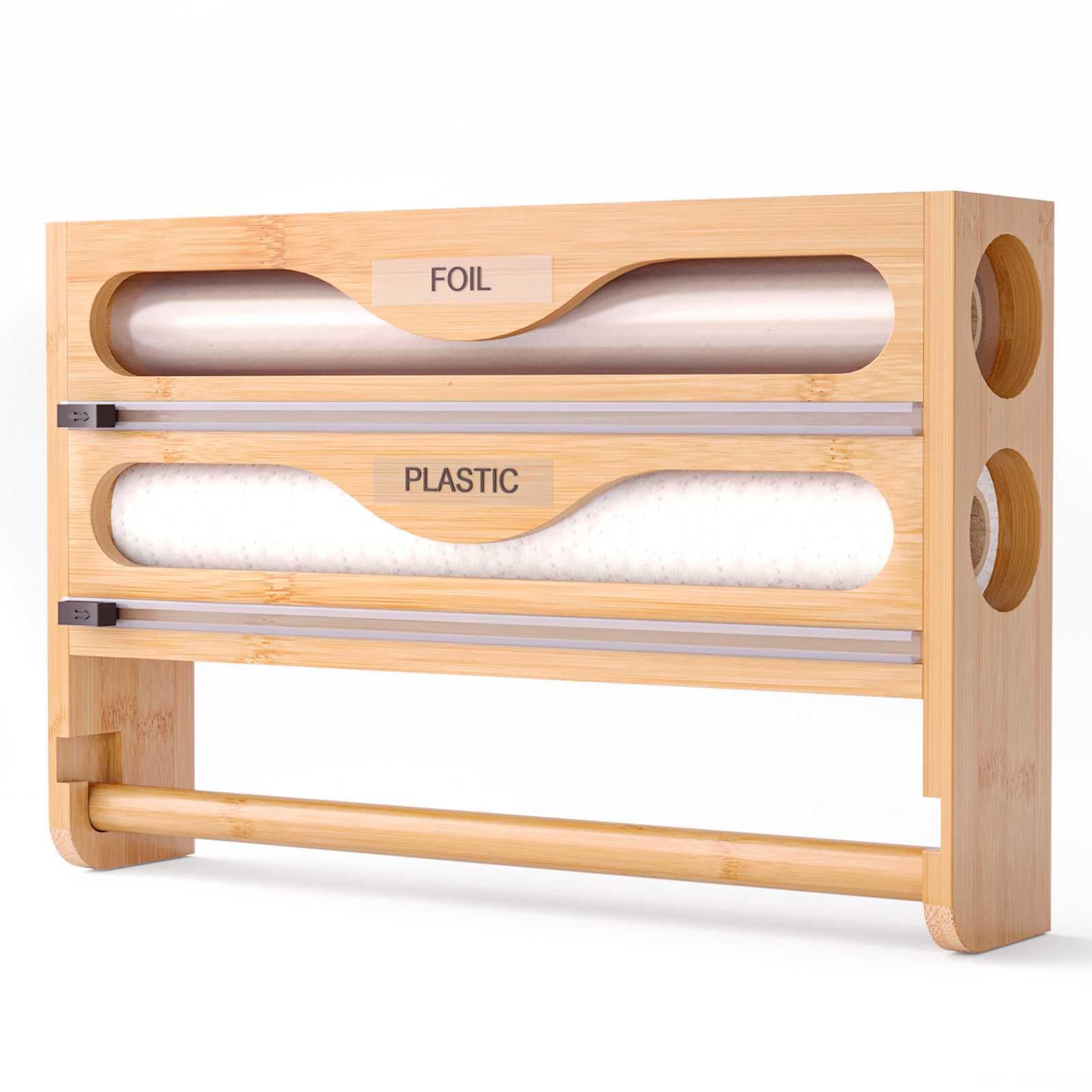 Dispensador de Papel de Aluminio, dispensador de Papel de Aluminio con Cortador, Soporte de Toalla de Papel de Cocina de bambú montado en la Pared Que se Adapta a Rollos de 12"(2 Tier)