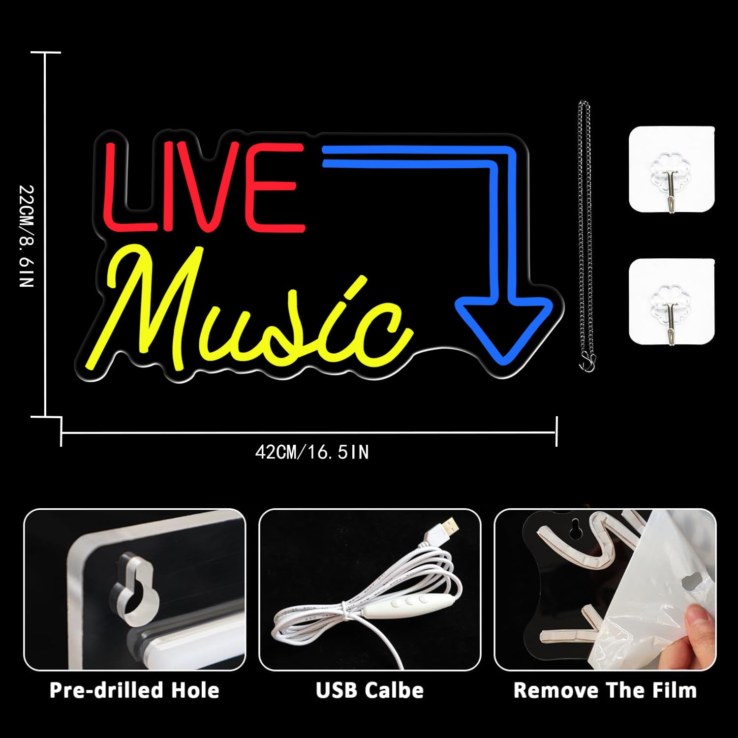 UExnkj-Y Live Music Neon Sign Music Neon Light with Dimmable Switch USB Powered Letters Neon Sign Lighting Sign for Bar Music Stadium Nightclub Party - Image 2
