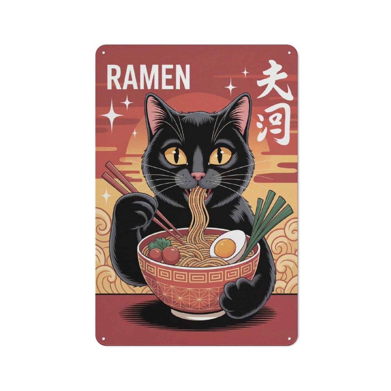 Junmoney Style-17 Cat Eating Ramen Illustration Printed Metal Sign 30X20cm For Guest Room Or Hallway, For Kitchen, Dining Room And Home Bar Wall Decor