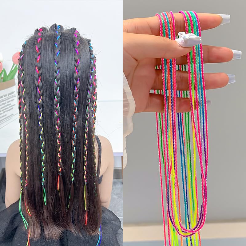 Braided Hair Color Rope, Rainbow Rope Braided Hair braid, Vibrant Styling Accessories, Colorful Extensions & Threads, Neon Accessories for a Trendy Look, 6 Pcs - Multicolor.-image-26
