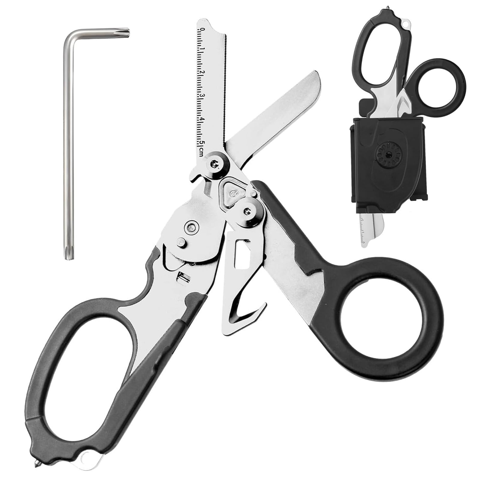 6 in 1 Raptor Response Emergency Shears, Tough Cut Scissors, Multi Tool Pliers Shears, Tactical Folding Pliers with Strap Cutter and Glass Breaker (Black with Holster)