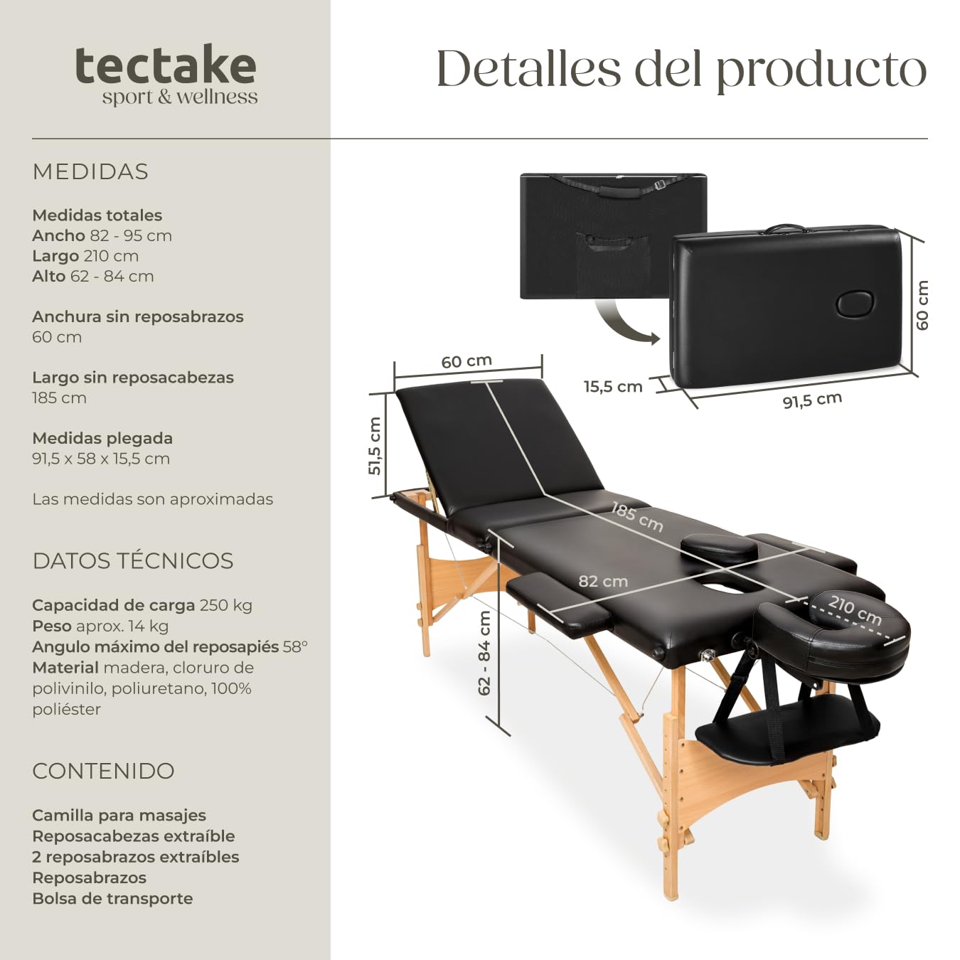 tectake® Camilla Masaje Plegable de Aluminio, Camilla Profesional para Fisioterapia, Quiromasaje, Tatoos, Reiki, Altura Ajustable, 3 Zonas, con Bolsa Transporte - Negro