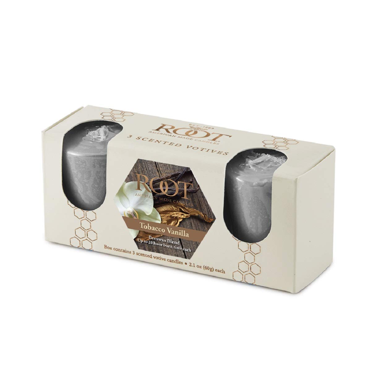 ROOTCandles Scented Votive Candles Beeswax Blend Premium Handcrafted 20-Hour Votives, 3-Count, Tobacco Vanilla