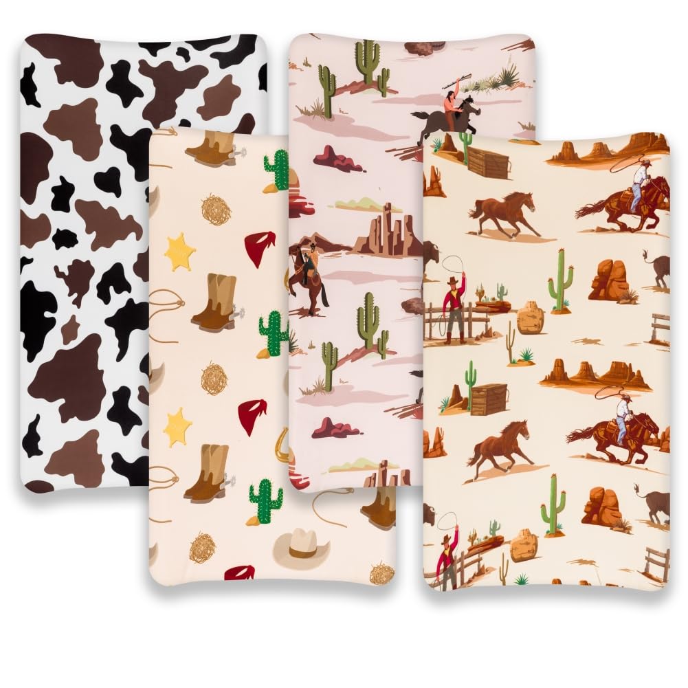 Paquete de 4 sábanas bajeras para cuna de vaquero occidental, neutrales, transpirables, para bebé, niños o niñas (funda para cambiador)