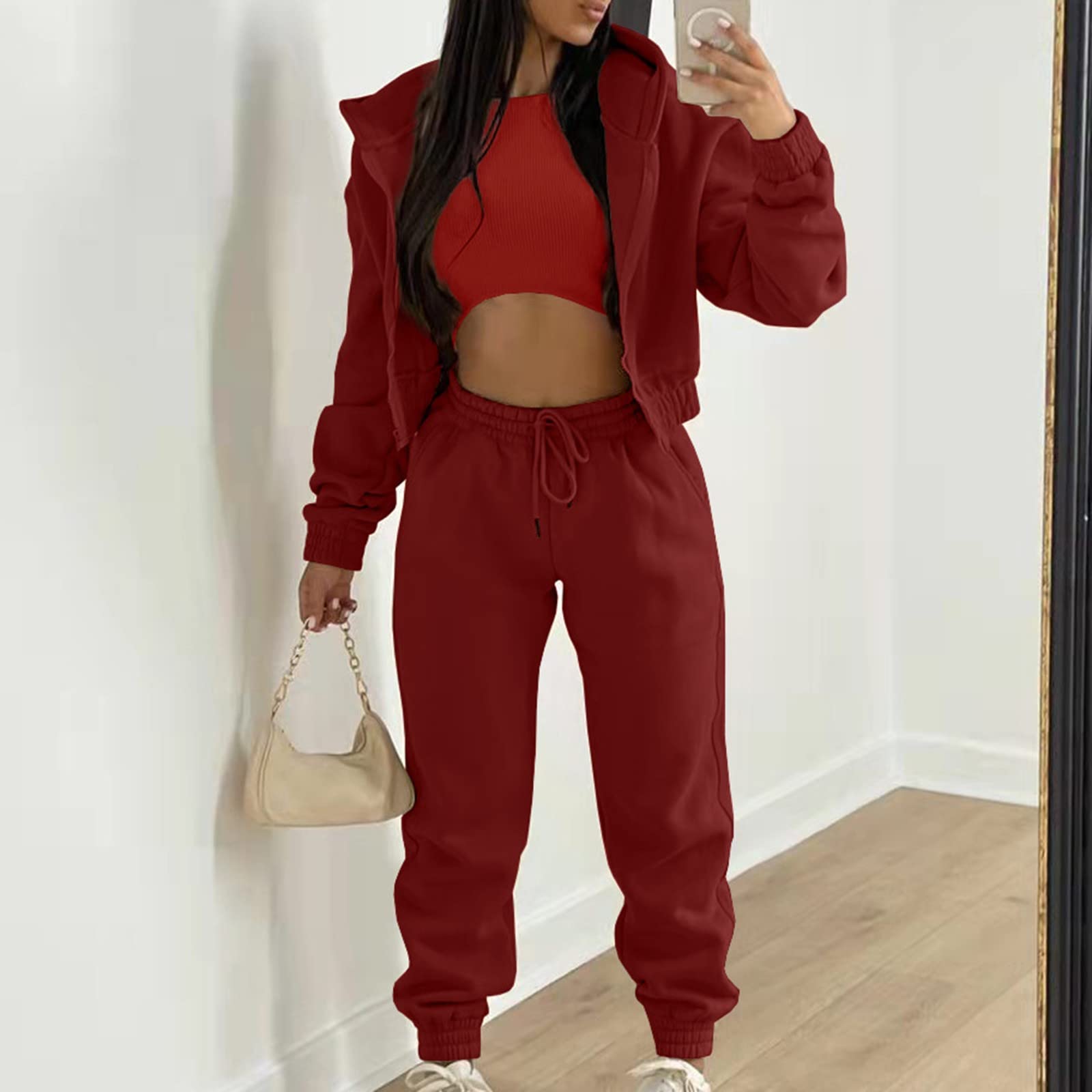 Cropped Zipper Hoodie Mujer 3 Piezas Chándal Invierno Térmico S-2XL