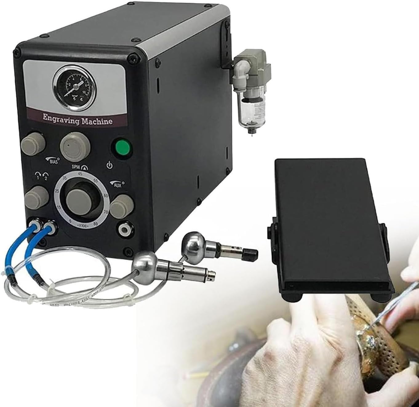 FHRKA Dual Pneumatic Jewelry Engraver Machine, Pneumatic Hand Engraving Machines 400-8000 RPM Pneumatic Graver Handpiece