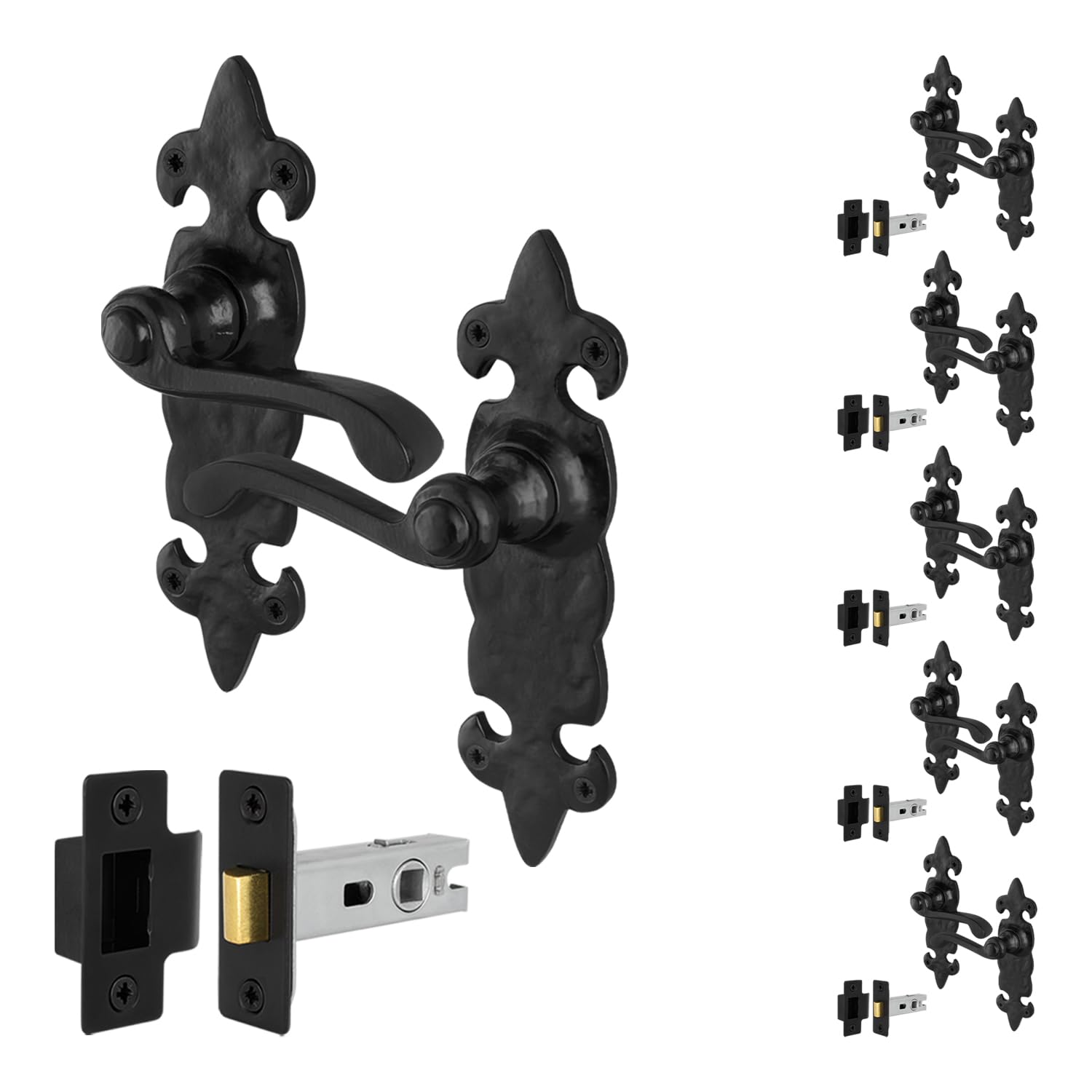 EAI Fleur De LYS Black Antique Door Handles Latch Pack, 6 Pairs of Rustic Cast Iron Internal Door Handles and Latch 64mm โ image 1