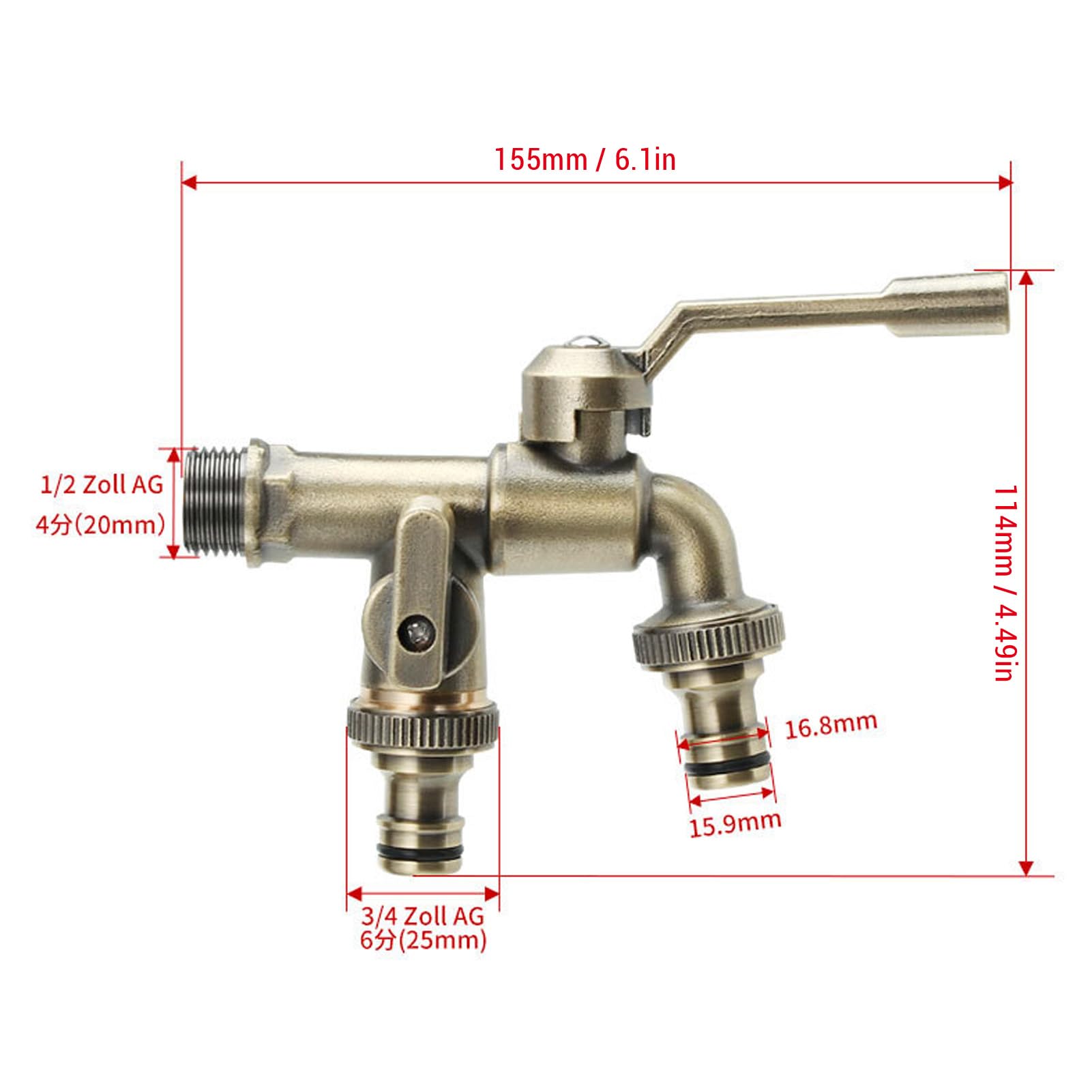 Robinet d'eau en Laiton Double Exterieur Jardin, 3/4 Pouces Robinet Double Sortie Extérieur Anti-gel, Robinet D'eau en Laiton Antique avec 2 Prises de 25 Mm Pour Jardin, Machine à Laver, Terrasse