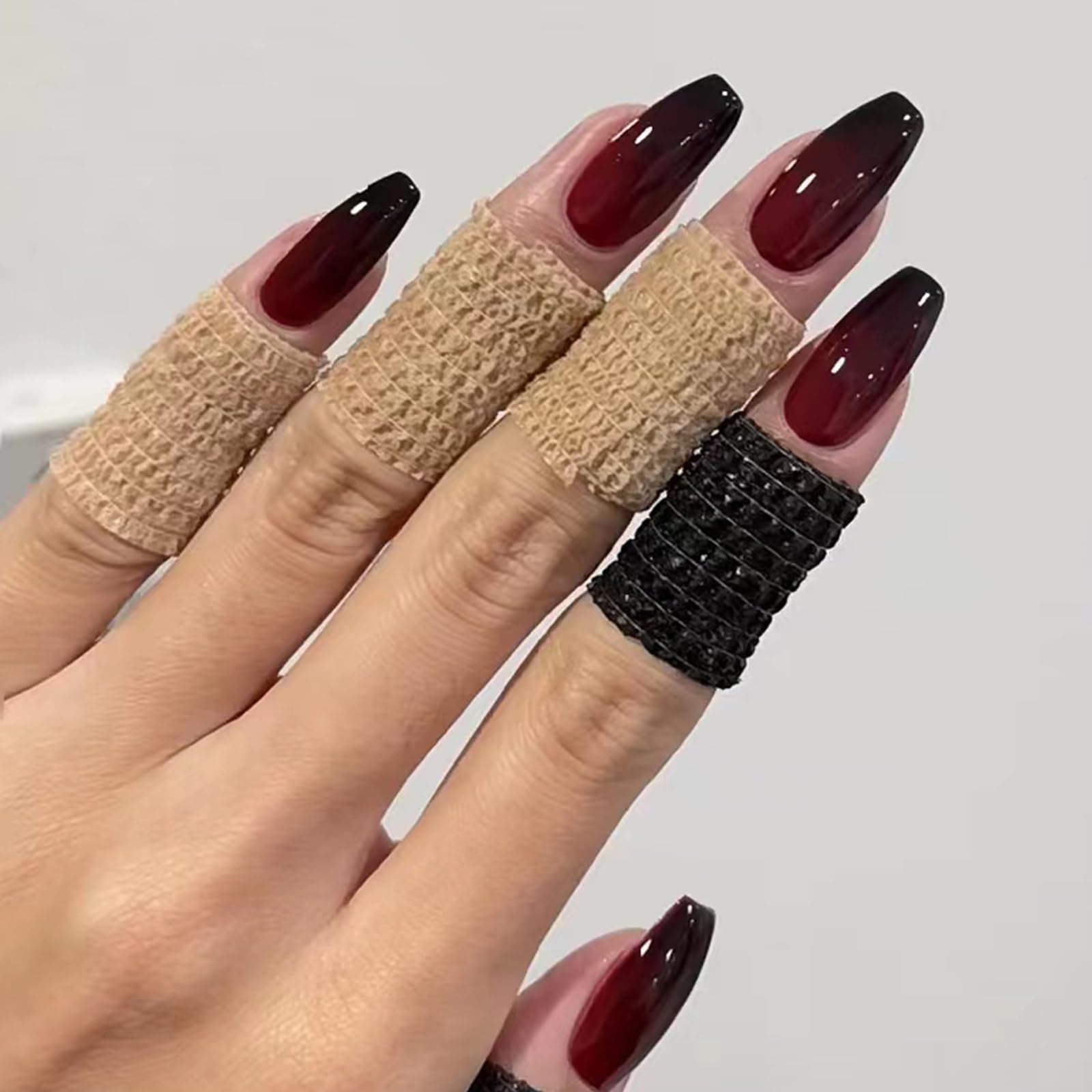 24Pcs Coffin Press On Nails, Medium Red Black Gradient Acrylic Full Cover Fake Tips