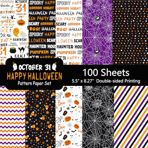 Morcheiong 100 Sheets Halloween Pattern Paper Set Holiday Craft Paper...