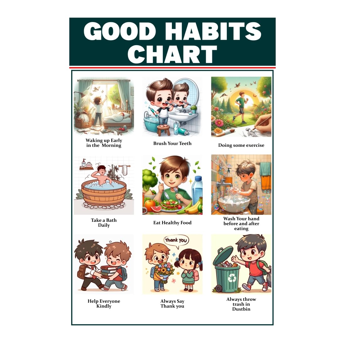Good Habits Picture Chart Sticker for Home, School Wall Poster 12x18 Inch-image-37