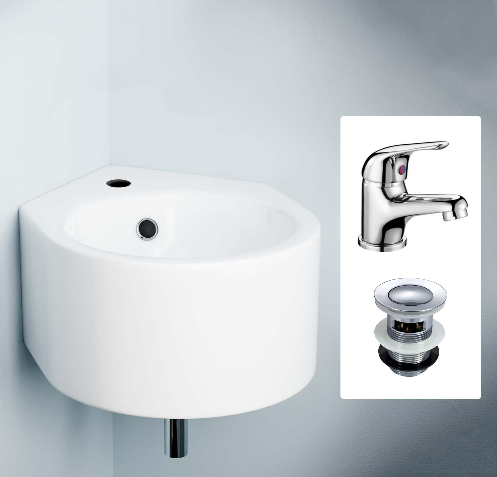 Corner Wall Hung 310 X 435Mm Cloakroom Basin, Mixer Tap & Basin Waste 5060920922047