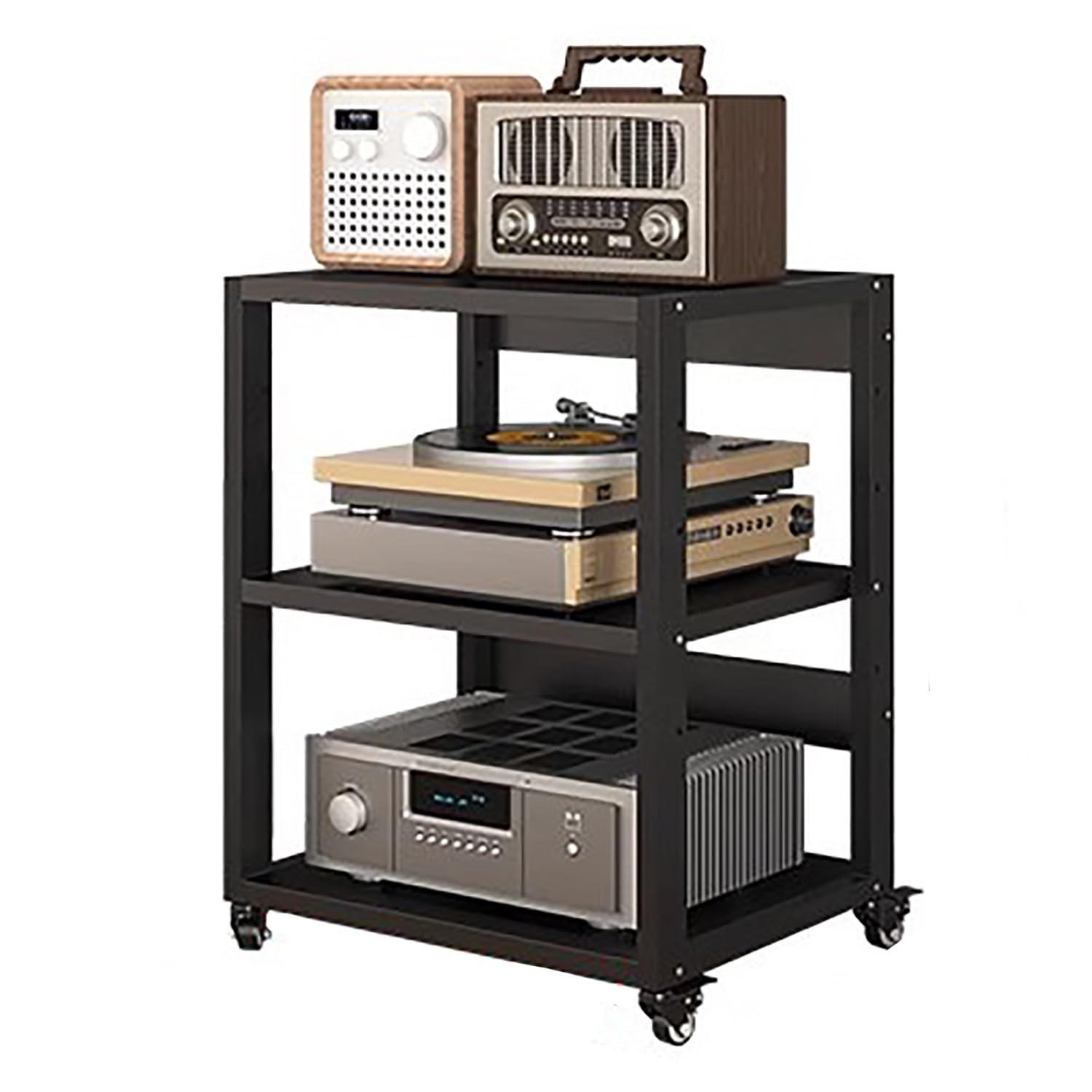 Bastidor de audio resistente con ruedas de 3 niveles: mueble de alta fidelidad AV para componentes estéreo y almacenamiento multimedia - Torre de estante de audio de vídeo para sistema de