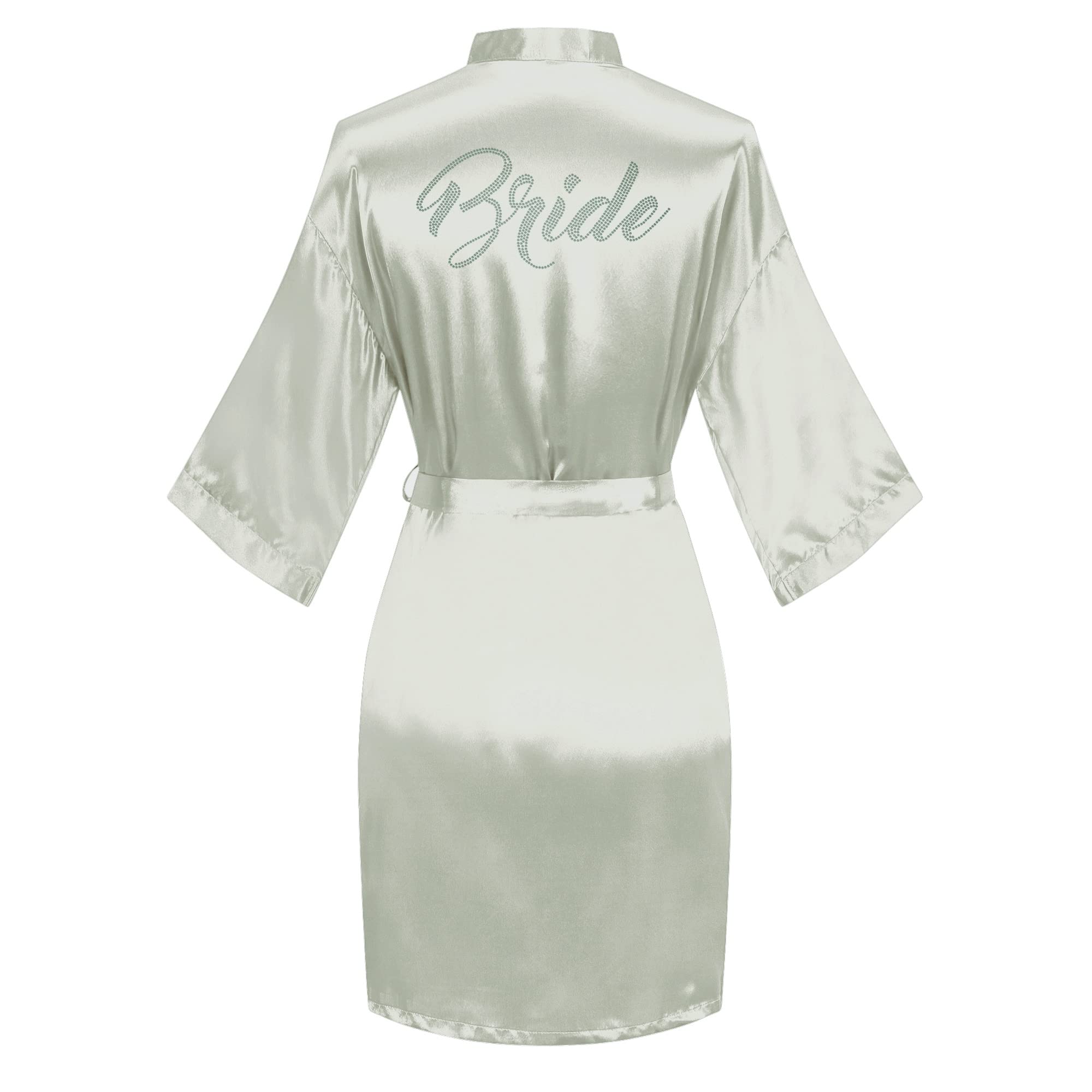 Women's Satin Robe Short Kimono for Bride &amp; Bridesmaid with Silver Rhinestones, Wedding Party Robes