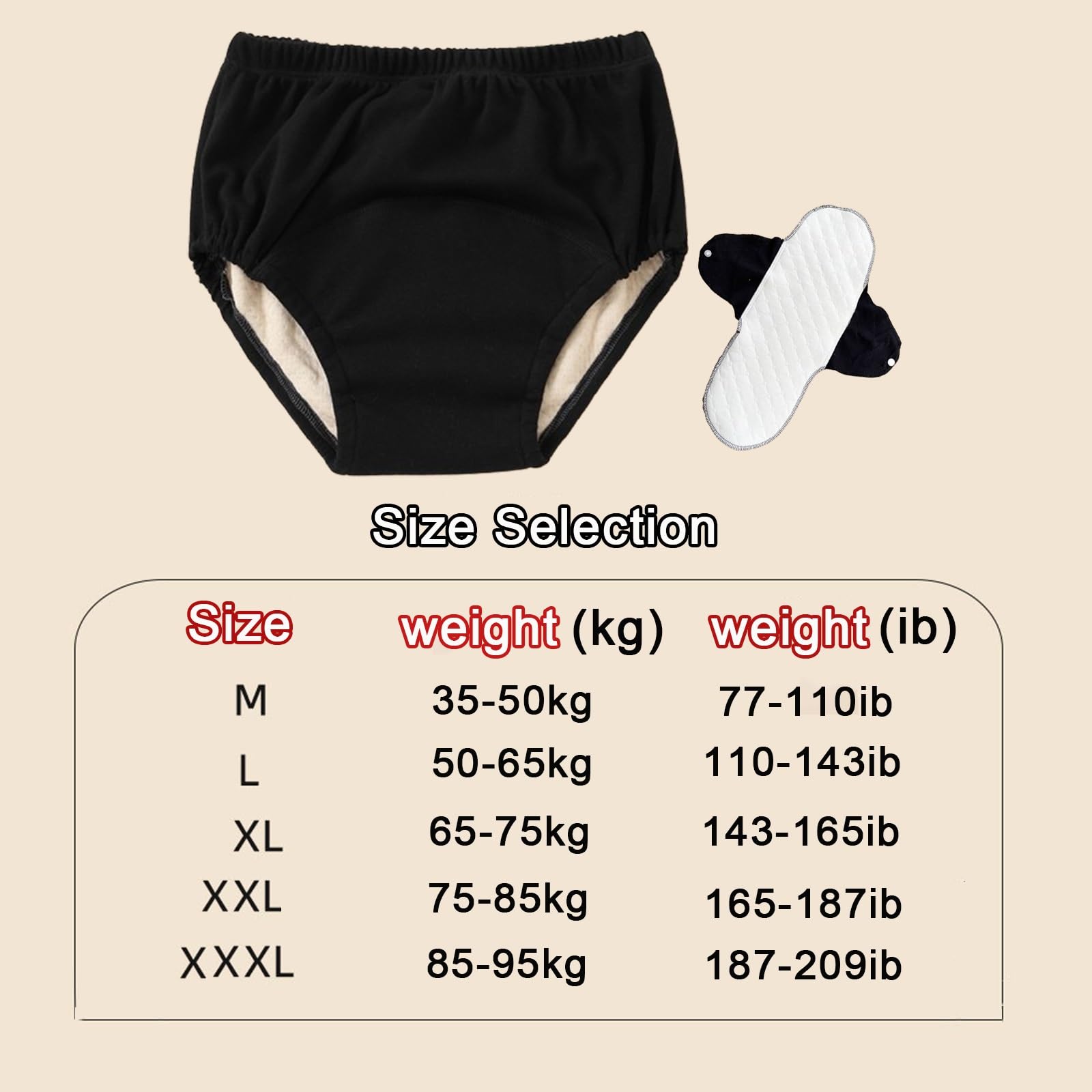 3 Stück Inkontinenz Pants für Erwachsene,Auslaufsichere UnterwäSche Wiederverwendbare Stoffwindeln für Männer Damen Inkontinenz Höschen Atmungsaktive Baumwollunterwäsche(Black,XX-Large)