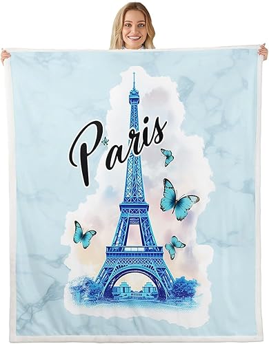 Manfei Manta de París con diseño de torre Eiffel y mariposa para sofá, manta de cama de mármol abstracto para niños y niñas, decoración de