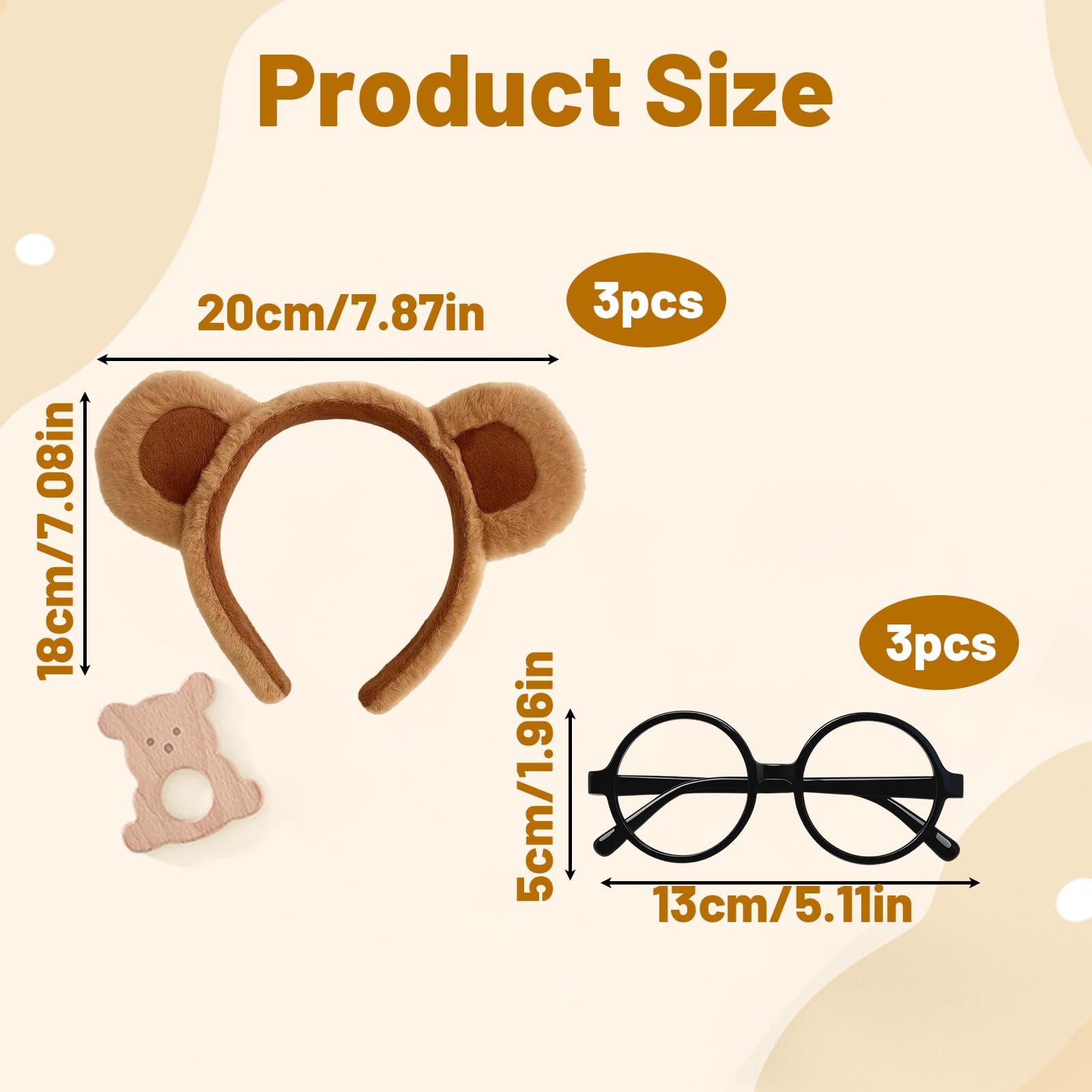 SrgPui 3 Pcs Bear Ears Headband+ 3 Pcs Black Round Frame Glasses, Plush Teddy Bear Party Hats - Image 2