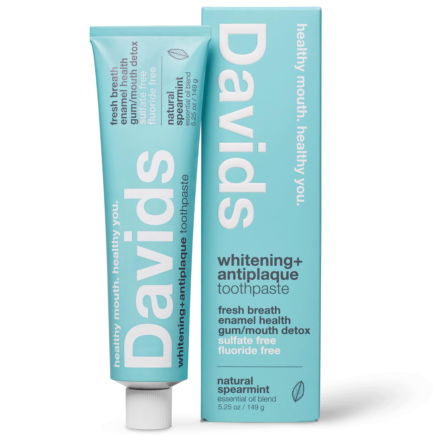 DavidsFluoride Free Toothpaste, Teeth Whitening, Antiplaque, SLS (Sulfate) Free, Promotes Enamel Health, Mouth & Gum Detox, EWG Verified, Natural Spearmint, 5.25oz, Made in USAEWG Verified