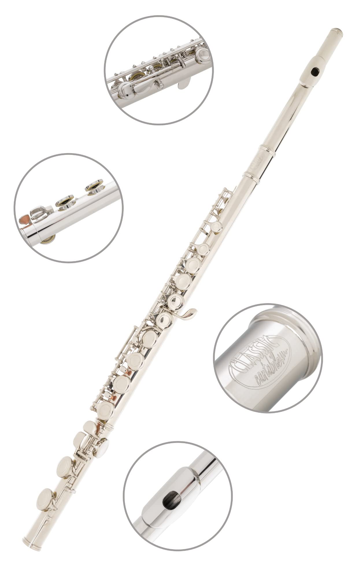 Classic Cantabile FL-100 Querflöte (Tolles Einsteigerinstrument, komplett aus vernickeltem Neusilber, geschlossene Klappen, E-Mechanik, vorgezogenes G, C-Stimmung, inkl. Etui, Zubehör) Silbern