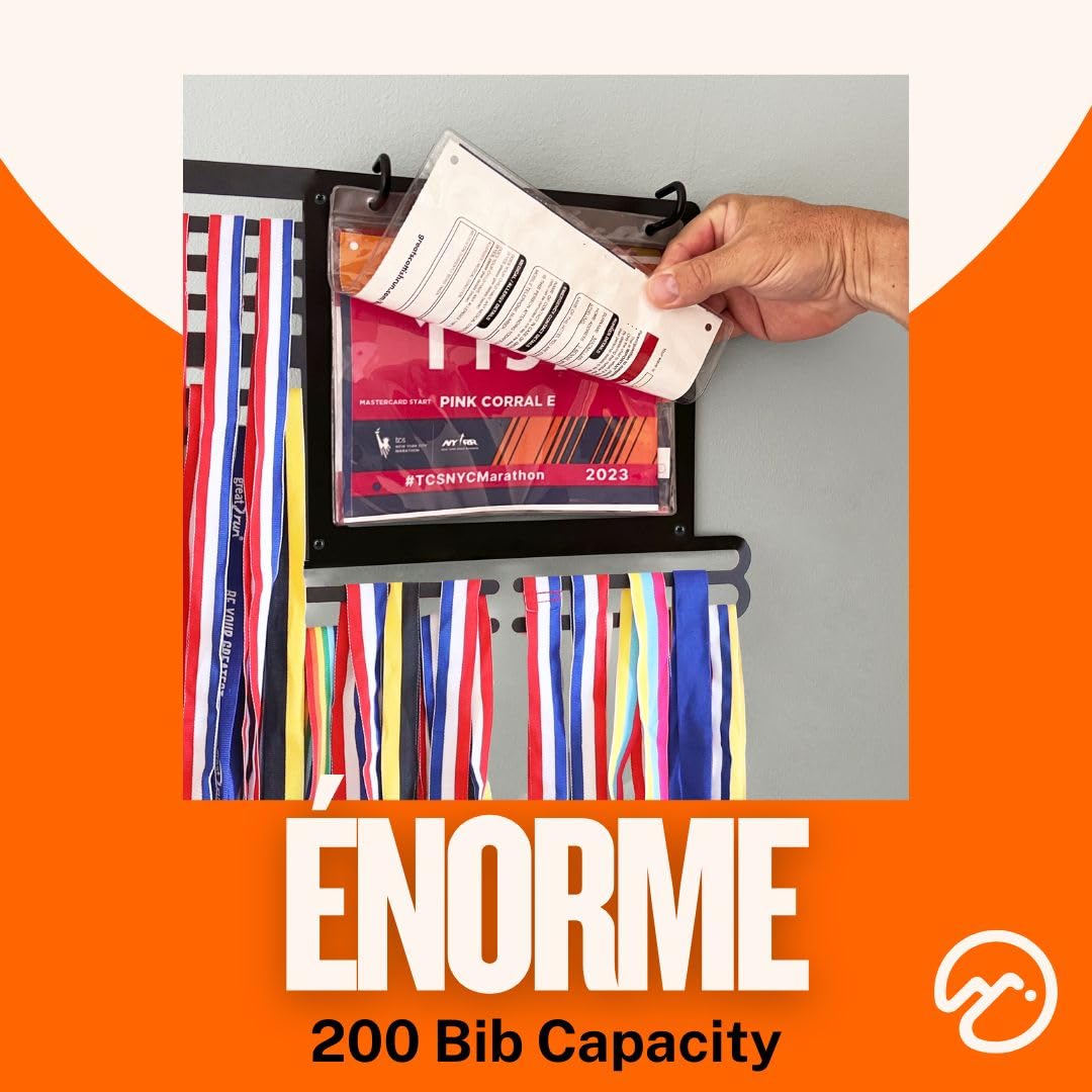 Support dossards & médailles avec app Run et Plan 4 semaines – Présentoir Mural pour 100+ médailles et 200+ dossards – Porte-médailles pour Coureurs