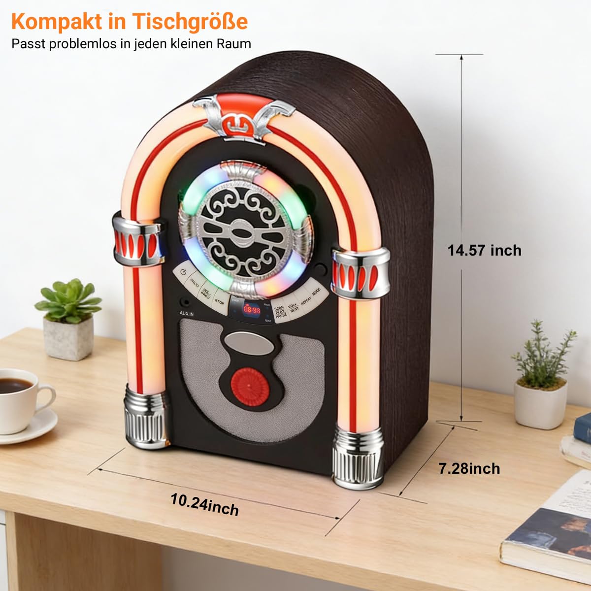 Retro Jukebox Musikbox mit CD-Spieler, Musikanlage Nostalgie Design, Bluetooth, Vintage FM/UKW Radio Wireless für Zuhause, Aux-In Port und Farbwechsel LED Lichter (Braun)