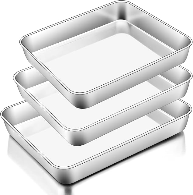 Baking Tray Set of 3, Homikit Stainless Steel Deep Baking Sheet Pans, Rectangle Traybake Cake Tin for Cookie Lasagna Flapjack Brownie, Healthy & Durable, Brushed Finish & Dishwasher Safe - 3 Size