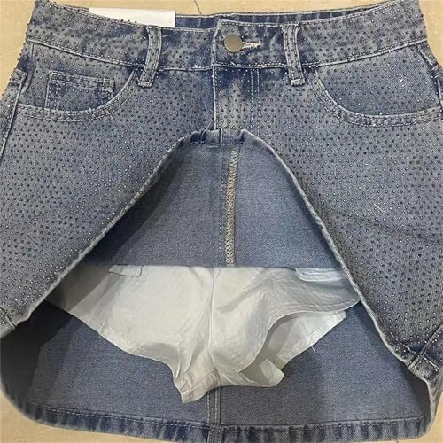 Women Rhinestone Mini Denim Skirts Fashion Diamonds High Waist A-Line Jean Skirt3