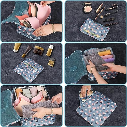 Image of 6 in 1 Polyester Secret Pouch Travel Bag Packing Cubes Laundry Bag with Undergarments & Cloth Storage Organizer Travelling Set /Suitcase Cloth Cube Bag (6 PC SET BLUE FLAWER)