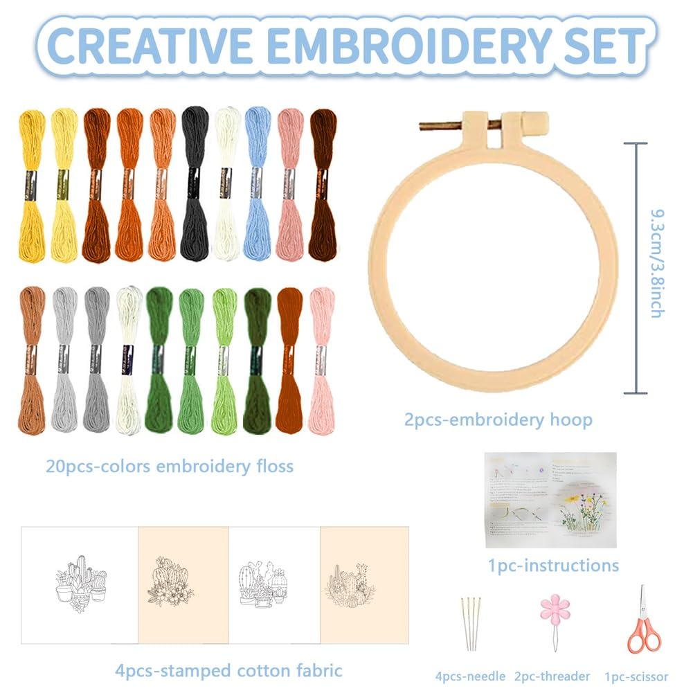 FREEBLOSS 4 Set 3.7'' Small Embroidery Kit with Cactus Patterns and Detailed Instructions, Embroidery Starter Kit for Beginners Cross Stitch Kits for Adults