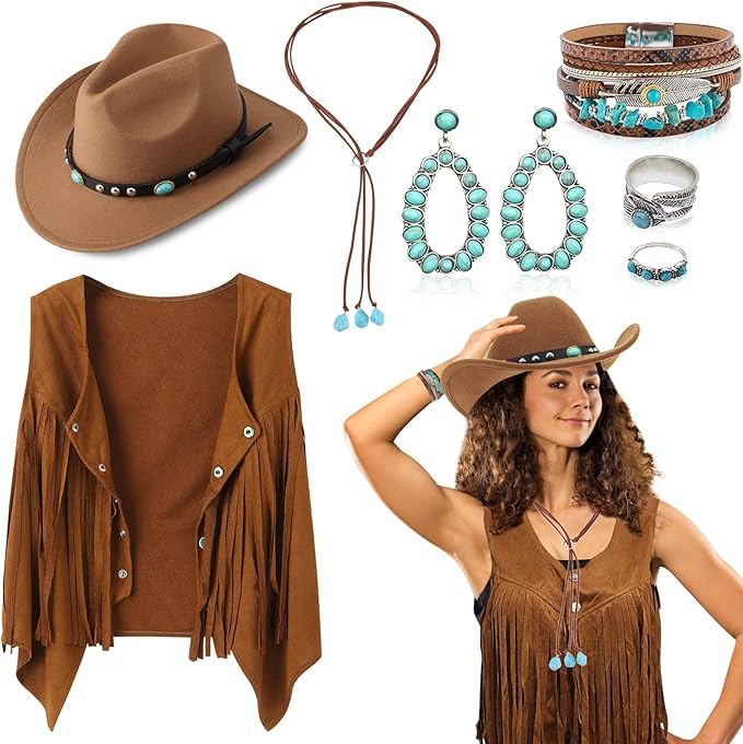 7Pcs Western Cowgirl Costume Set, 70s Hippie Fancy Dress Accessories for Women with Tassel Vest Cowgirl Hat Bohemian Turquoise Necklace Earrings Rings Bracelets for Cosplay Carnival Halloween