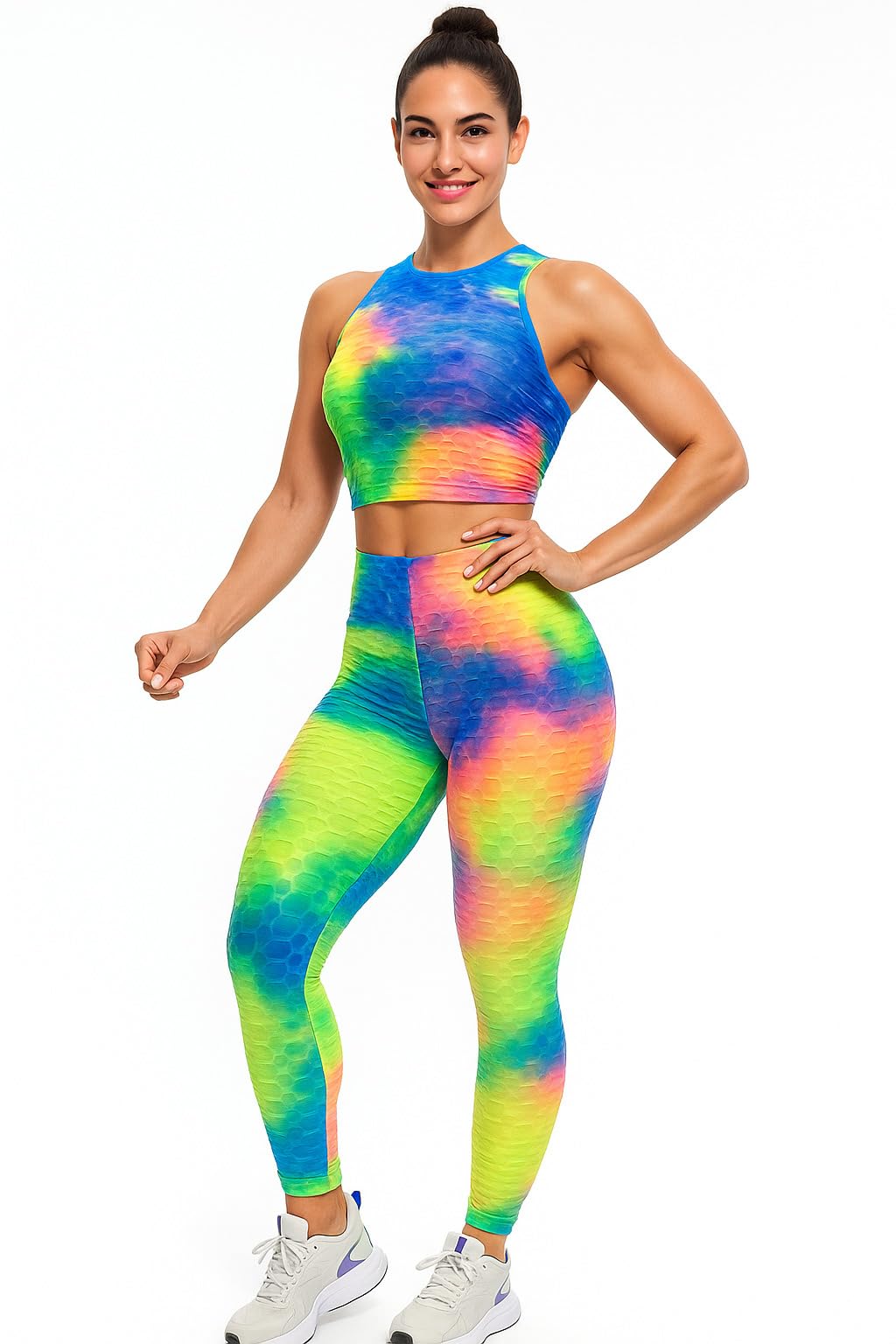 Stylish Honeycomb Tie-Dye Coord Set - Stretchable Gym Wear With Bubble Pattern Crop Top For Women And Girls-image-6