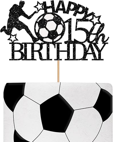 Black Soccer Happy 15th Birthday - Decoración para tartas de cumpleaños con temática deportiva, decoración de pastel de jugador de fútbol con