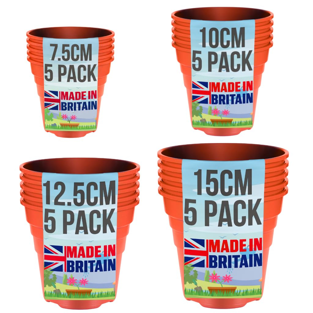 20 Pack Plastic Plant Pots Mixed Sizes - Made in UK - 7.5cm 10cm 12.5cm 15cm - Nursery Pots - Recyclable - With Drainage Holes - BPA Free - Terracotta