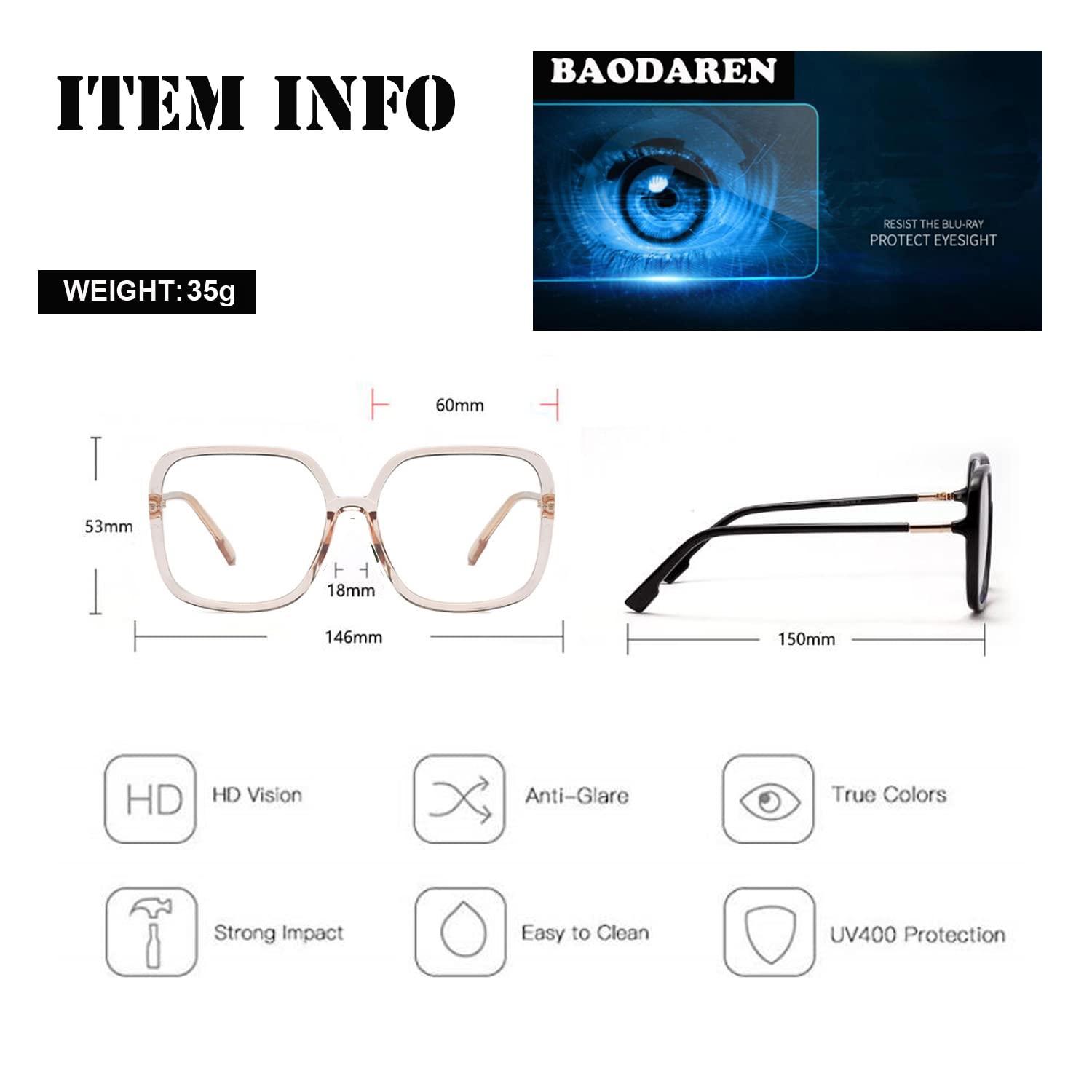 Gafas de bloqueo de luz azul con marco cuadrado de gran tamaño para mujeres/hombres, lentes antifatiga ocular para computadora L3000A (transparente Tawny)