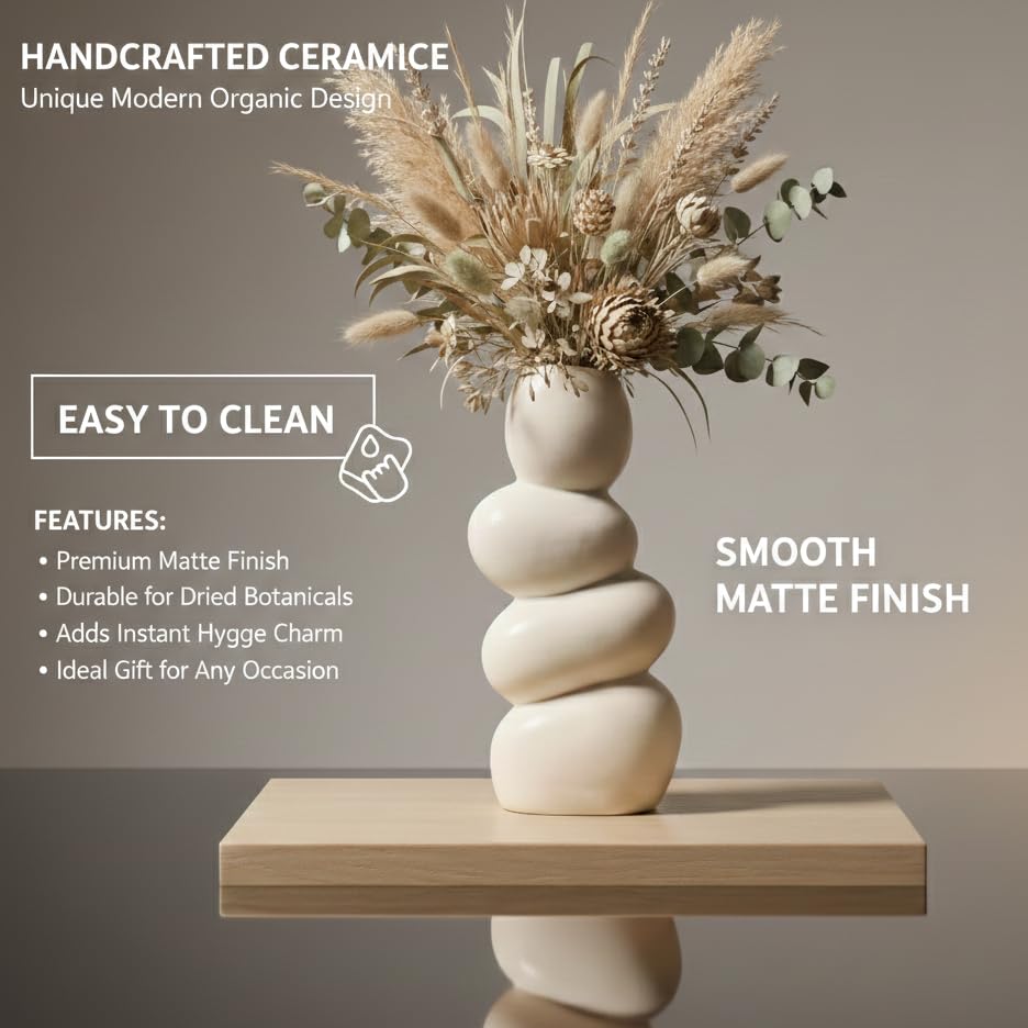 Image of Ceramic Stone Vase for Home Decor Ceramic Vase for Pampas Grass, Abstract Bubble Stacked Pebble Design, Minimalist Ceramic Vases for Flowers (White Pebble)