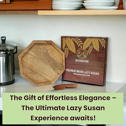 Miniatura 4 de K & R Mesa giratoria de madera Lazy Susan - Organizador giratorio de 10 pulgadas para despensa, gabinete, mesa | Estante de especias de madera