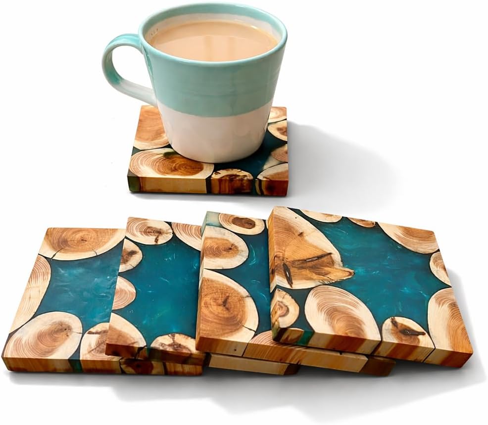 Live Edge Wood epoxt Resin Coaster (Set Off 4) for Coffee Table, Tabletop Protection Decor Drink Coaster