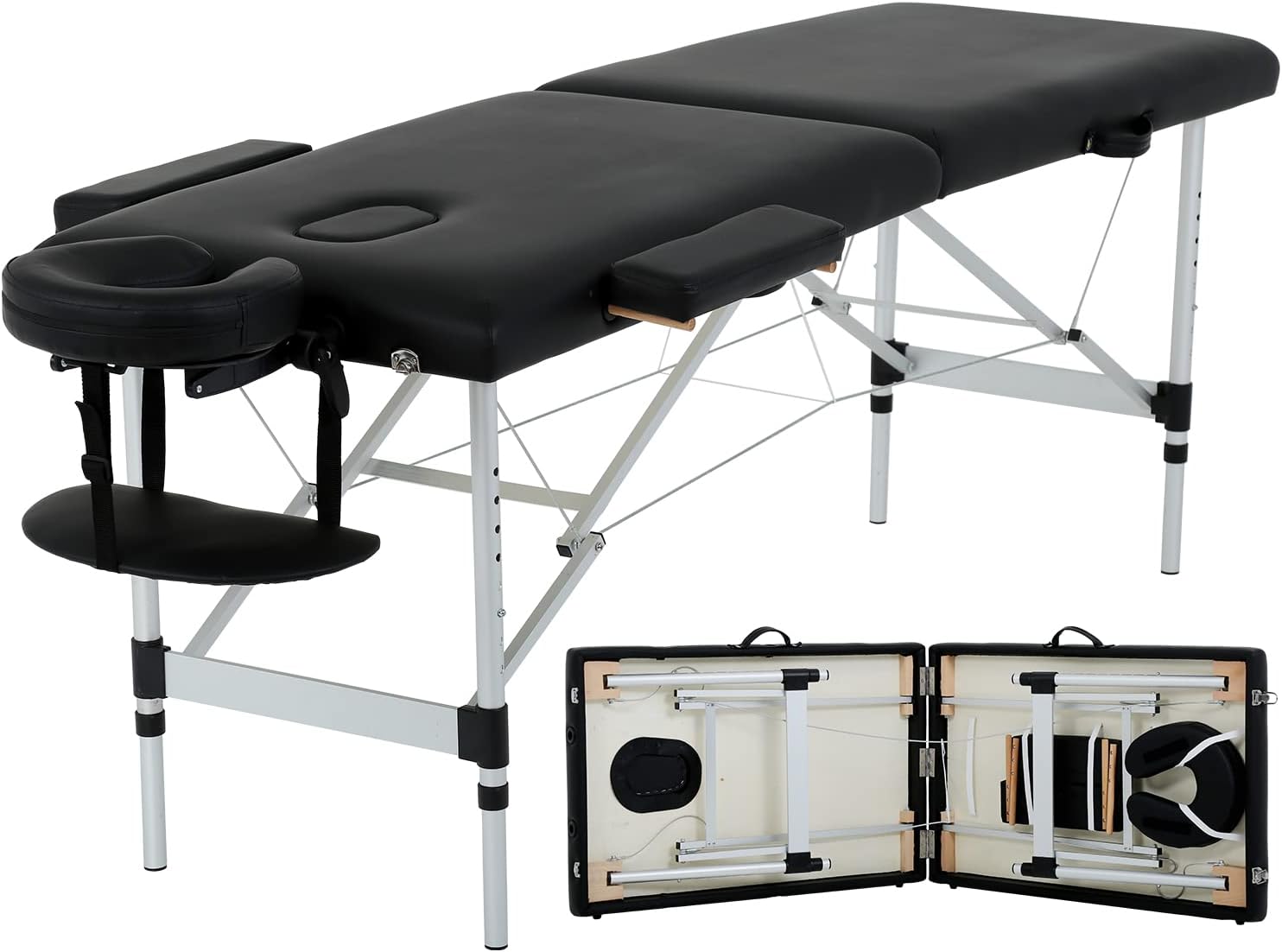 Massage Table Massage Bed,73 Inch Height Adjustable 2 Fold Aluminium PU Leather Beauty Spa Bed Salon Table w/Face Cradle Carry Case PortableTatto Lash Therapy Treatment Bed, Black