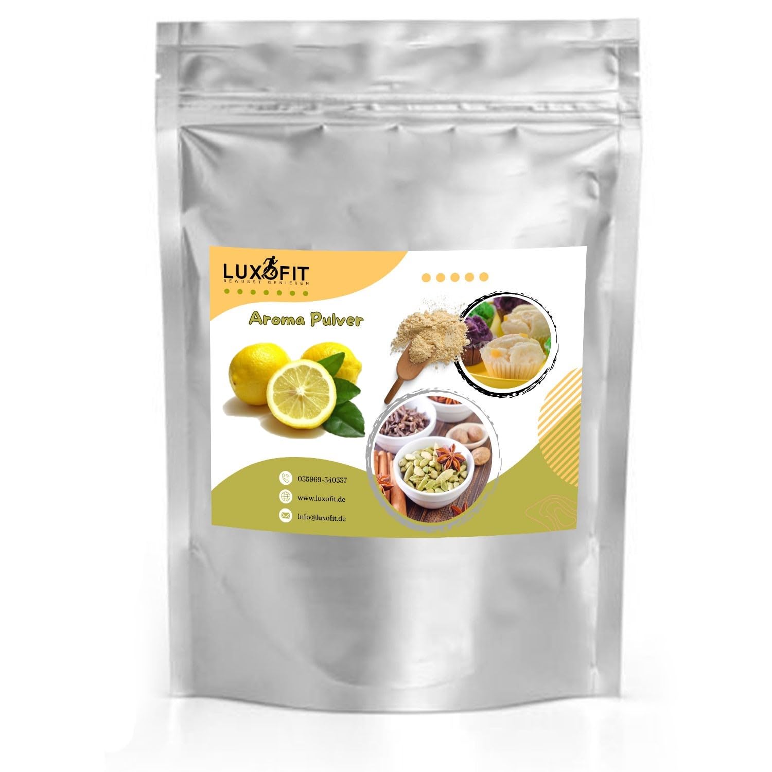 Luxofit Zitrone Aroma Pulver, Geschmacksvariationen für Lebensmittel und Getränke, Aromatisierung, GMO-freie Lebensmittelaromen, Vegetarisch und Vegan, Made in Germany (200 g)