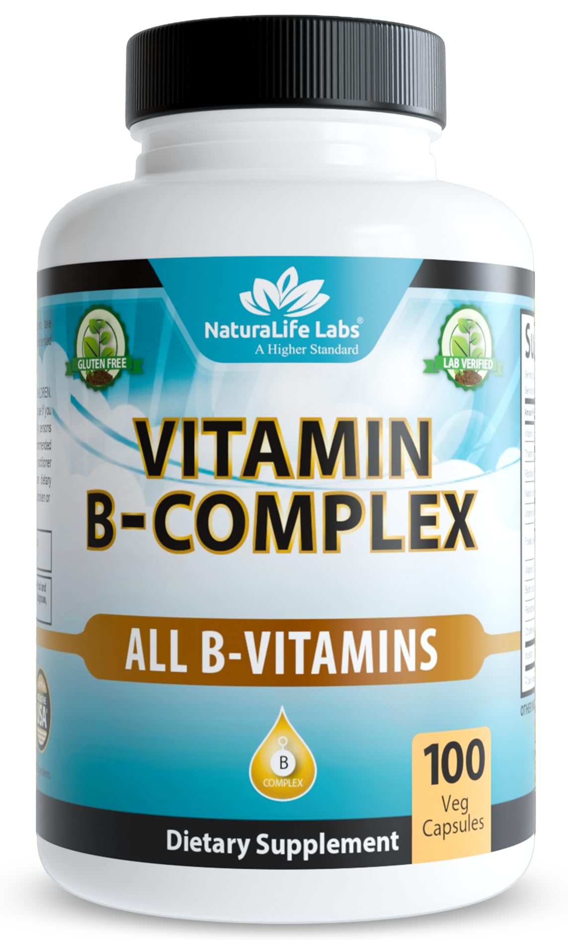Vitamin B Complex with Vitamin C and Folic Acid - B12, B1, B2, B3, Vitamin B5 Pantothenic Acid, B6, B7, B9 - Nervous System Support & Supports Energy Metabolism Non-GMO- 100 Veggie Capsules