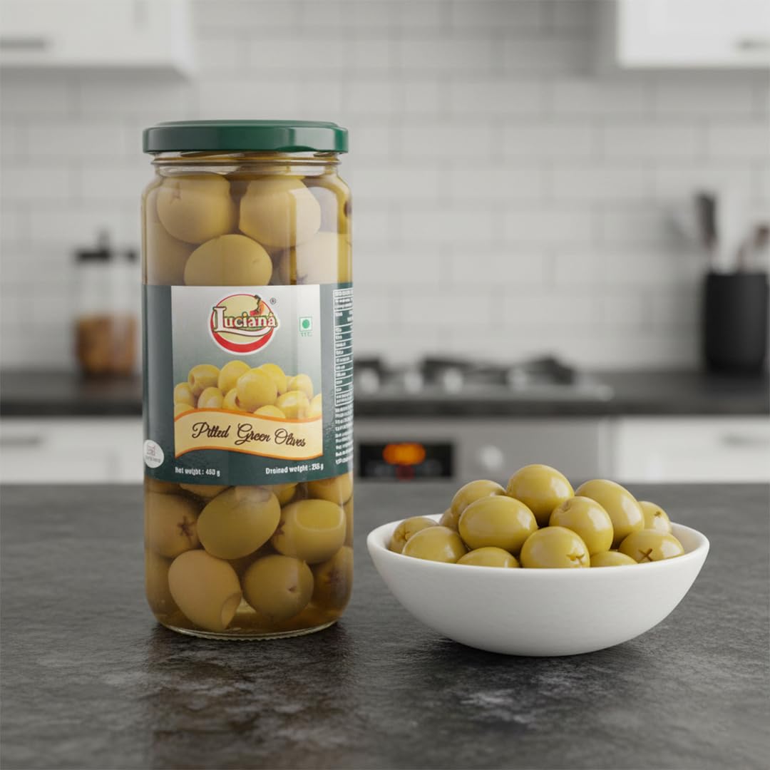 Luciana Pitted Green Olives 450g β Ready-to-Use Seedless Green Olives for Pizza, Pasta, Salads, Sandwiches, Mediterranean Dishes, Appetizers & Snacks | Vegetarian Cooking Essential