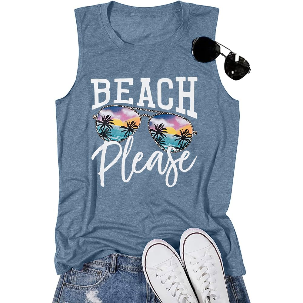 Beach Tanks for Women Beach Please Graphic Tank Top Funny Summer Sleeveless Hawaiian Vacation Vest Shirts