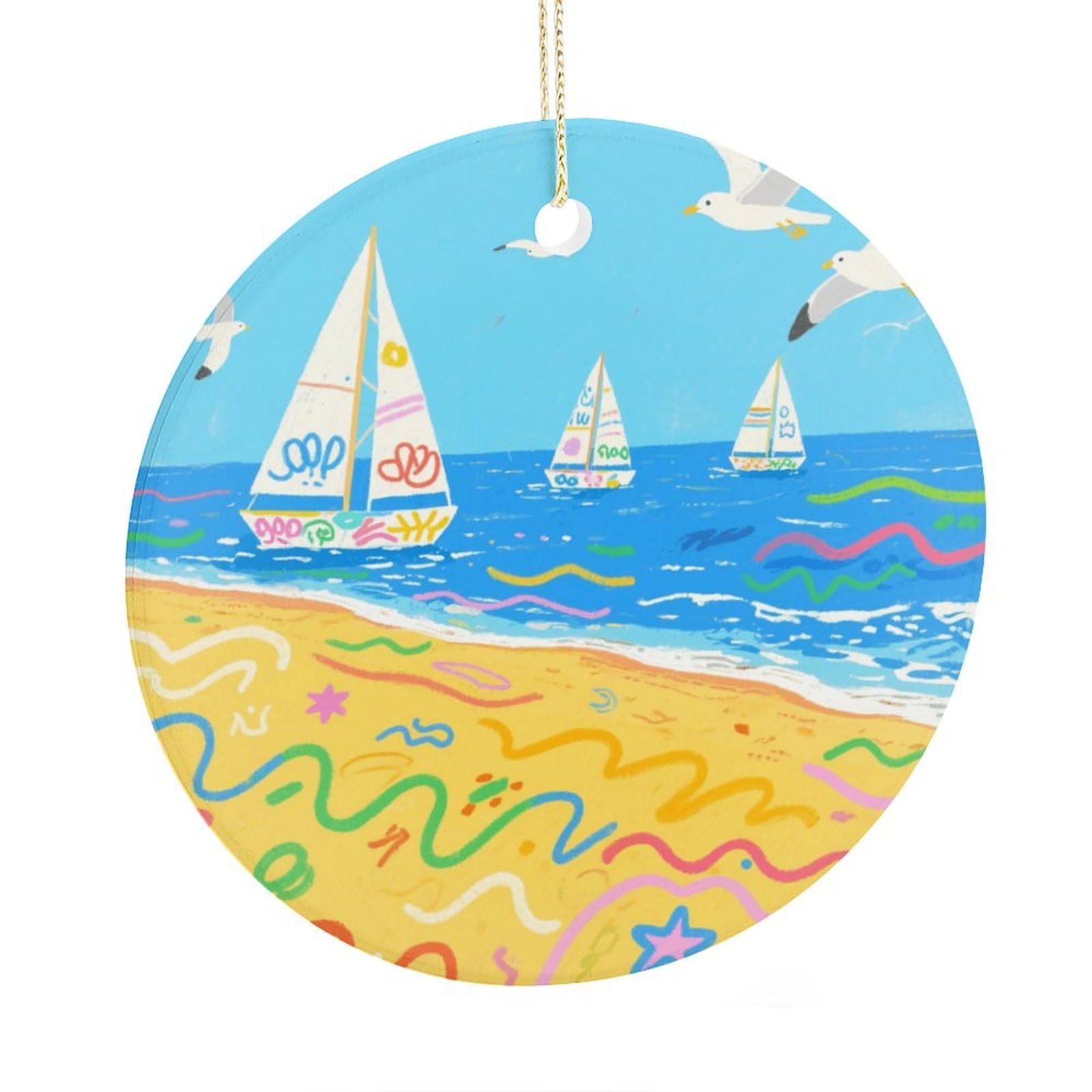 Fekiloot Style Graffiti Beach Christmas Ornaments 2.9 Inch Round Ceramic Ornament Keepsake Thank You Gifts For Office, Room, Home - Holiday Present Ideas