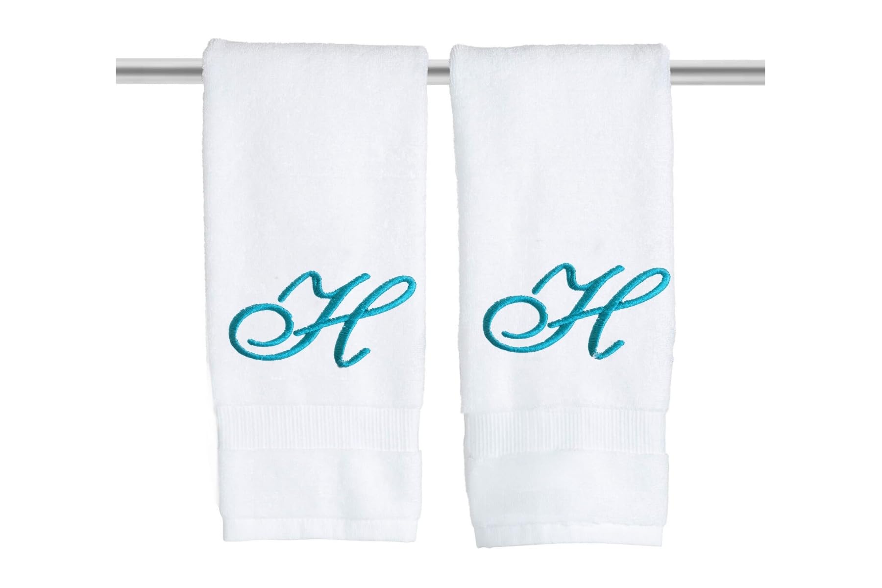 White Monogrammed Hand Towels for Bathroom - Luxury Hotel Quality Personalized Initial Embroidered Towel for Powder Room, Spa - GOTS Organic Certified - Set of 2 Teal Letter H