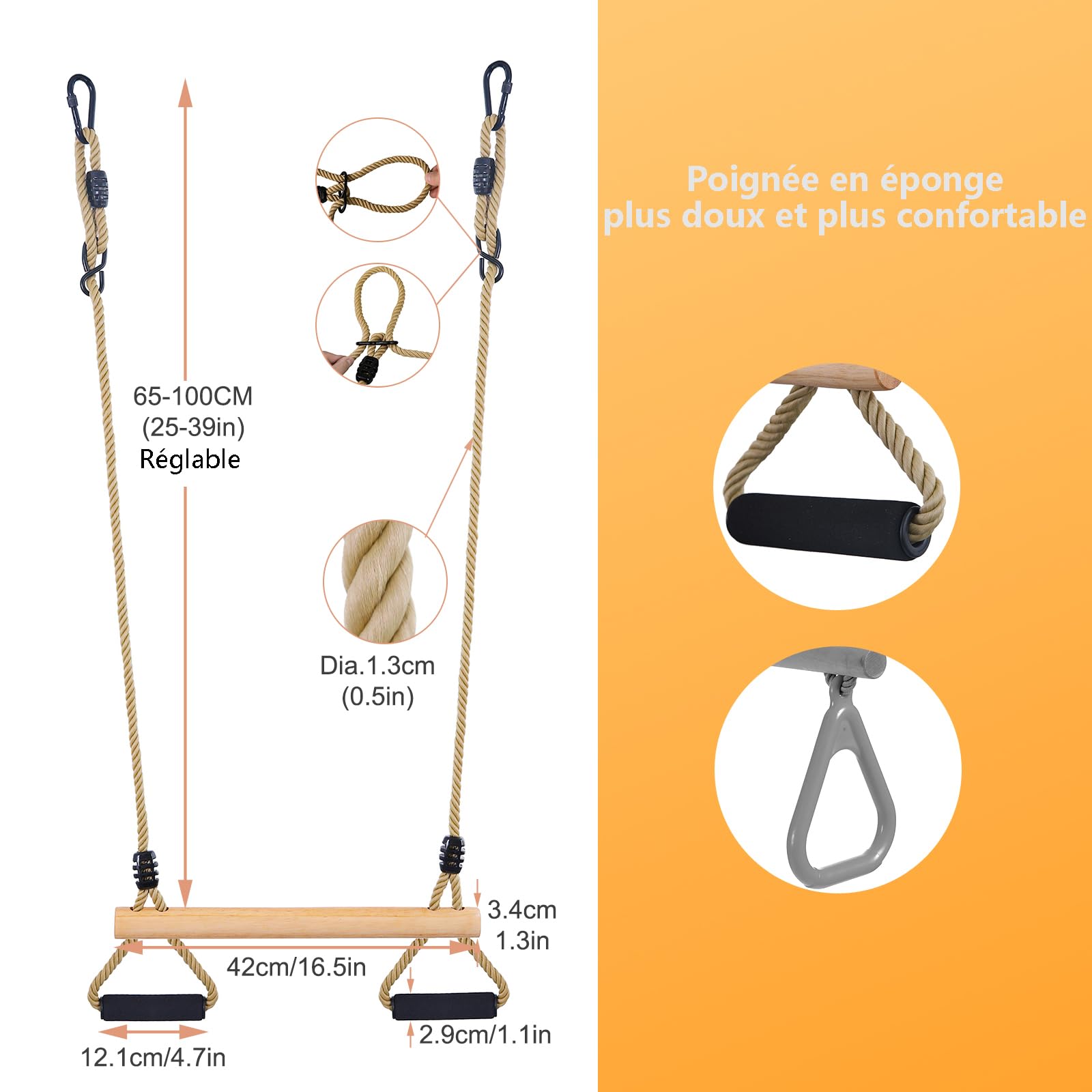Trapèze Balançoire,Enfants Balançoire Extérieure en Bois,Trapèze Multifonction en Bois pour Intérieur& Extérieur （Noir）