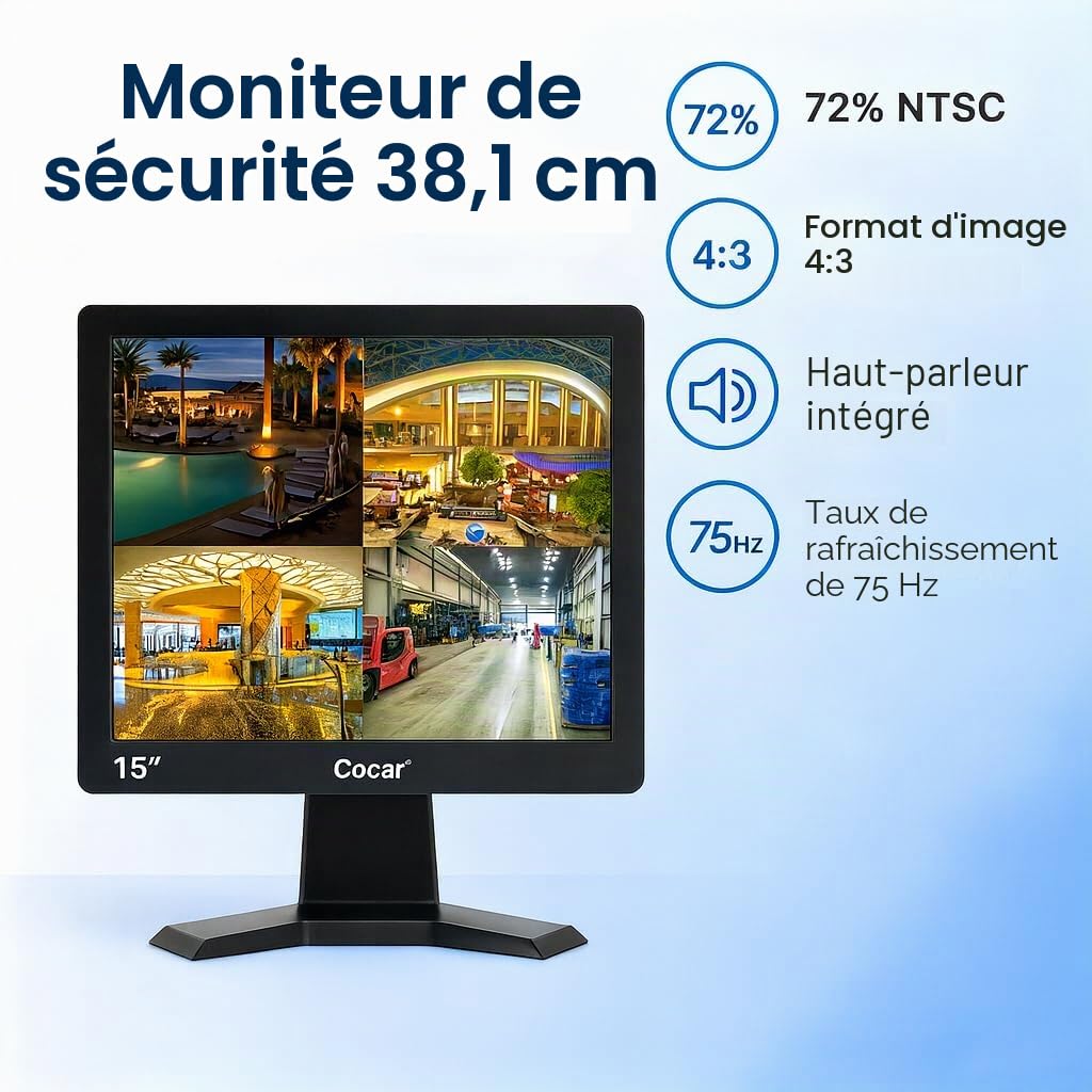 Cocar 19 Pouces Moniteur Video Surveillance, LCD HD Ecran CCTV Moniteur avec BNC/VGA/HDMI/AV Haut-Parleur Intégré pour PC/DVD/Domicile/Magasin Caméra Système de Surveillance de la sécurité(1280x1024)