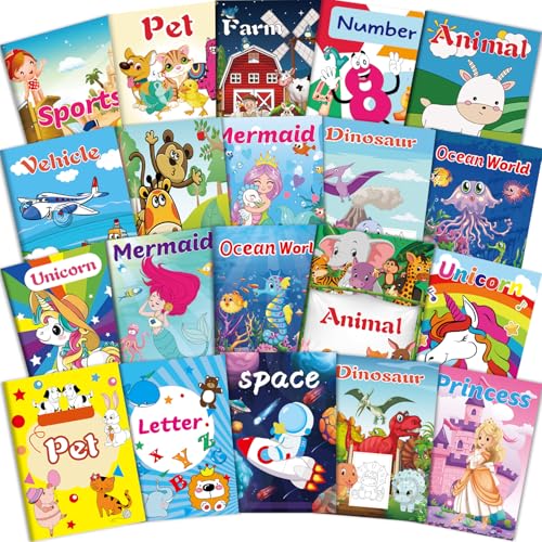 OSIMIG 20 libri da colorare per bambini dai 2 agli 8 anni, mini libri da colorare per sacchetti da festa, libro da colorare per bambini include temi unicorno, sirena, dinosauro, mondo marino, animale