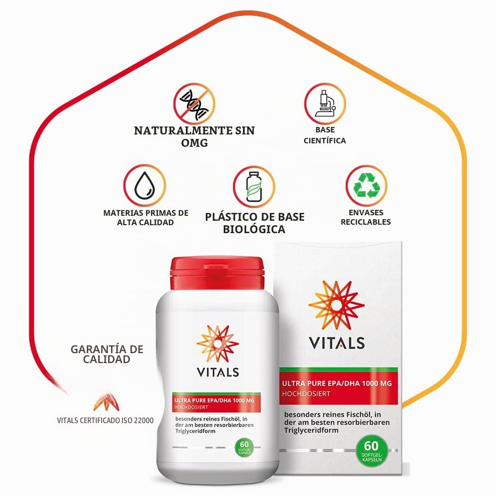 Vitals - Ultra Pure EPA/DHA 1000 mg 60 cápsulas de gel blando. Alta dosis de 570 mg EPA y 430 mg de DHA por cápsulas. Omega 3 puro muy bien absorbible sin aditivos innecesarios.