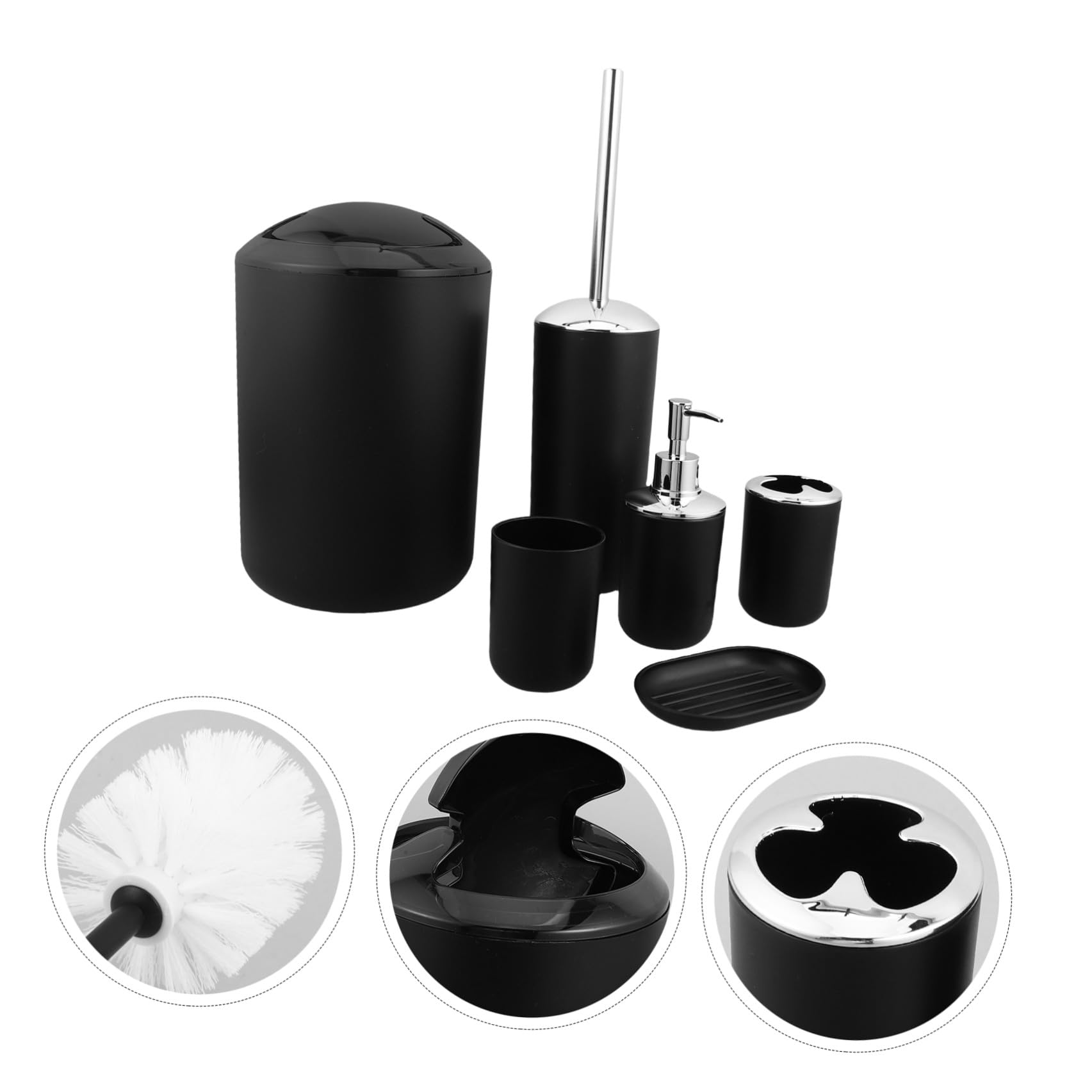 Beaupretty Conjunto de Accesorios de Baño con Dispensador de Jabón Negro de 6 Piezas en Plástico Resistente Humedad Porta Cepillos y Papelera para Hogar Elegante