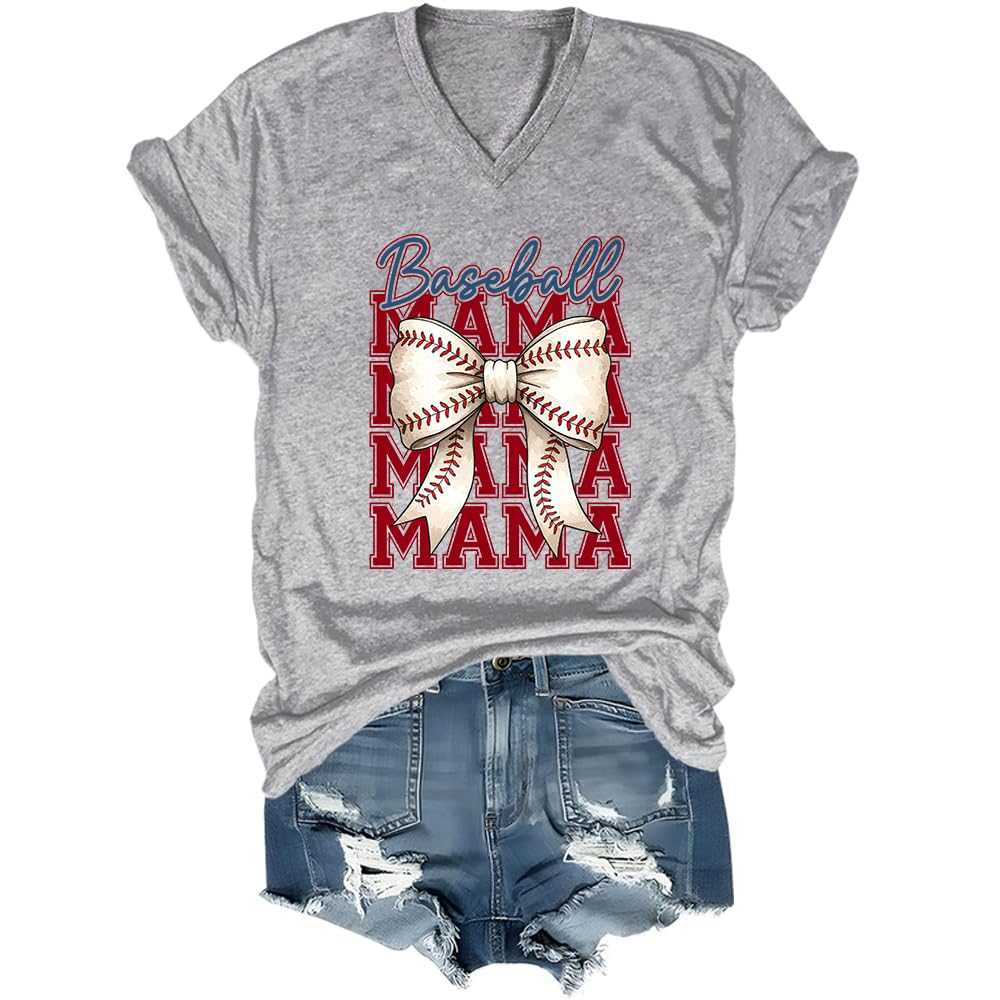 Baseball Mama Shirt Baseball Coquette Bow T-Shirt, Baseball Mama Tee V-Neck Gray